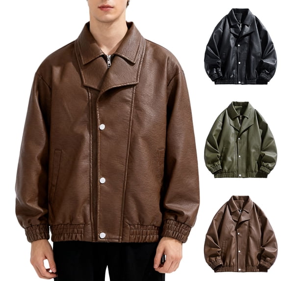 RYDCOT Leather Jacket Men Black Faux Leather Jackets Mens Moto Biker Button Zipper Coat Outwear Windproof Green