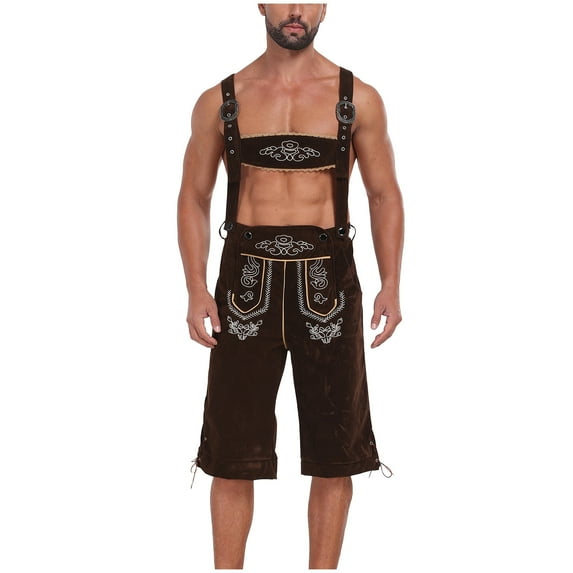 RYDCOT Lederhosen Men - Oktoberfest Overall Bib Shorts Men, Brown Suspender Suede Faux Leather Shorts Coffee