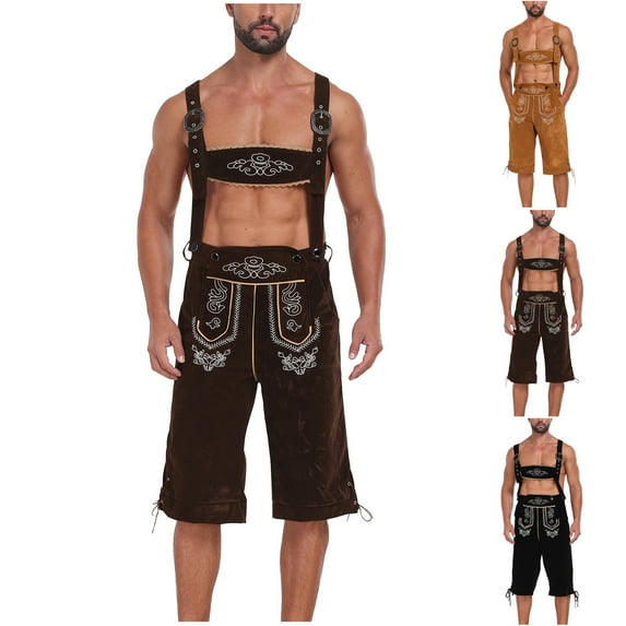 RYDCOT Lederhosen Men - Oktoberfest Overall Bib Shorts Men, Brown Suspender Suede Faux Leather Shorts Yellow