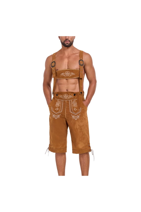 Lederhosen Men - Oktoberfest Overall Bib Shorts Men, Brown Suspender Suede Faux Leather Shorts Yellow