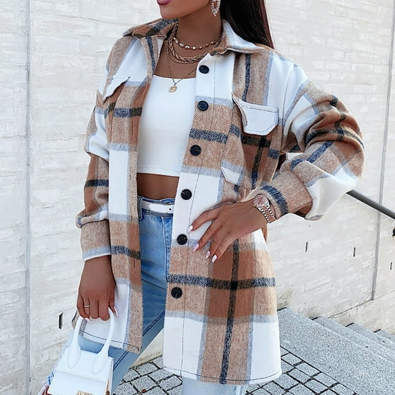 RYDCOT Light Jackets for Women Casual Womens Casual Plaid Shacket Button Down Long Sleeve Jacket Flannel Shirts Jacket Outwear Sale