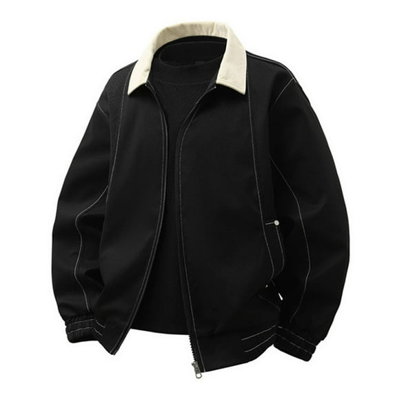 RYDCOT Men's Casual Fashion Workwear Jacket Solid Color Long Sleeved Full Zip Lapel Top Black