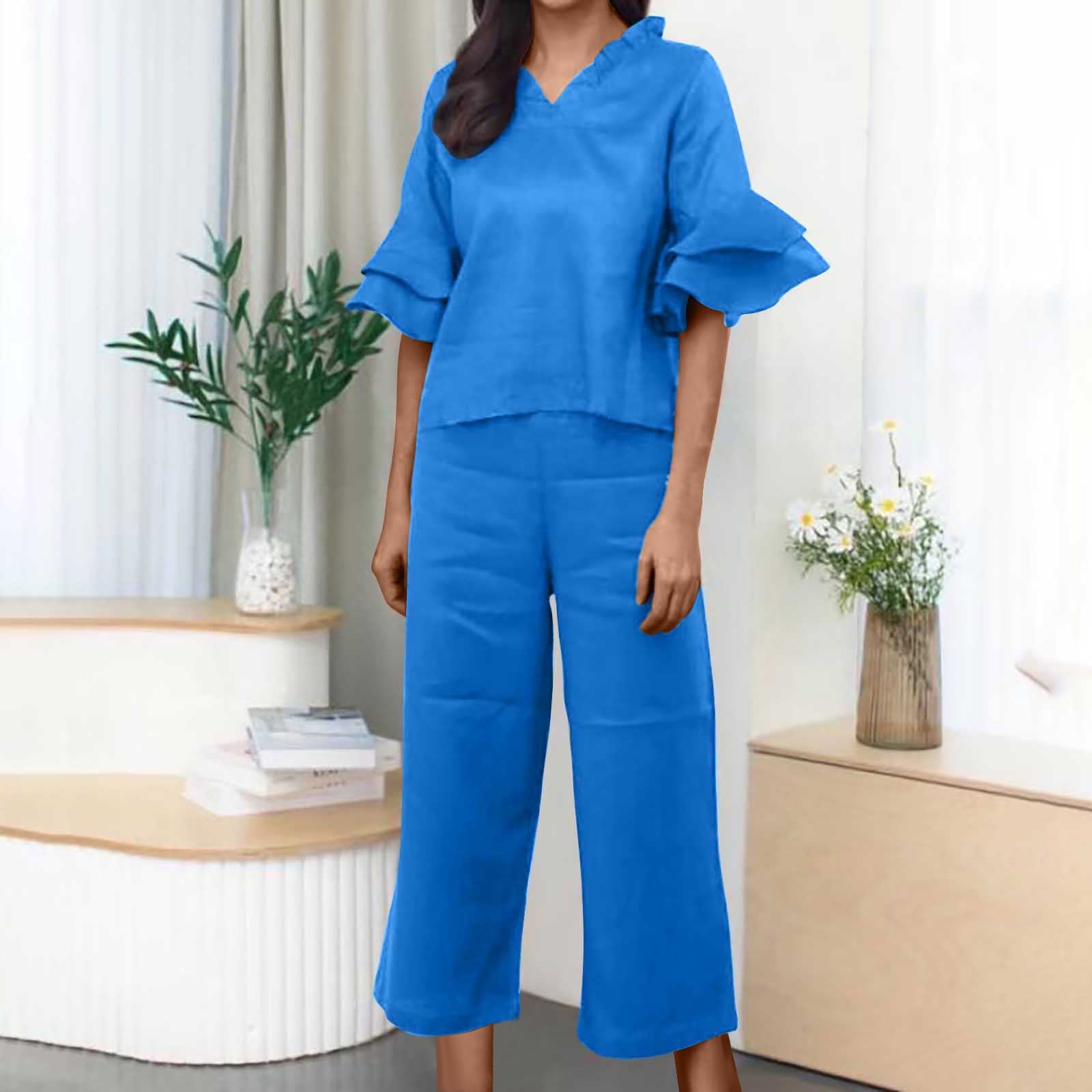 Two-Piece Linen Set – Camel Long-Sleeve Blouse with Wide-Leg White Pants