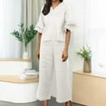 thumbnail image 1 of RYDCOT Linen Sets for Women 2 Piece Long Pants Half Sleeved V-Neck Top Wide Leg Pants Cotton and Linen Set Lounge Pants Matching Two Piece Sets on Clearance, 1 of 6