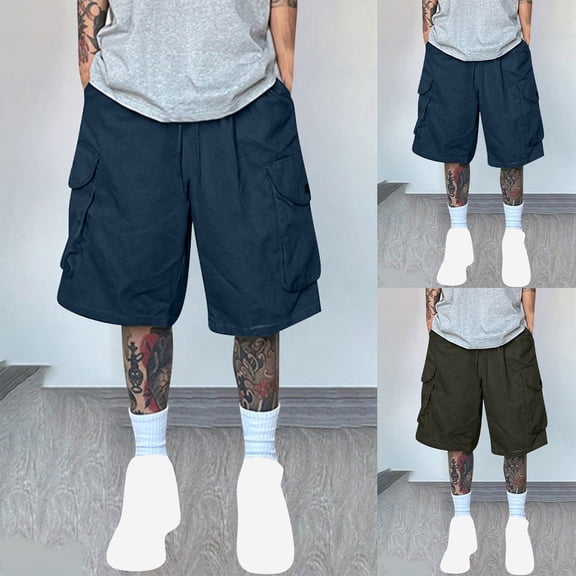 RYDCOT Long Cargo Shorts for Men Cotton Casual Wild Outdoor Work Relaxed Fit Below Knee Capri Shorts with Multi-Pockets Navy