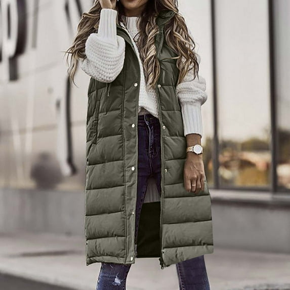 RYDCOT Long Puffer Vest Women Sleeveless Hooded Jacket Overcoat Solid Color Winter Parka Coat Winter Clothes for Women 2023 Trendy Sale