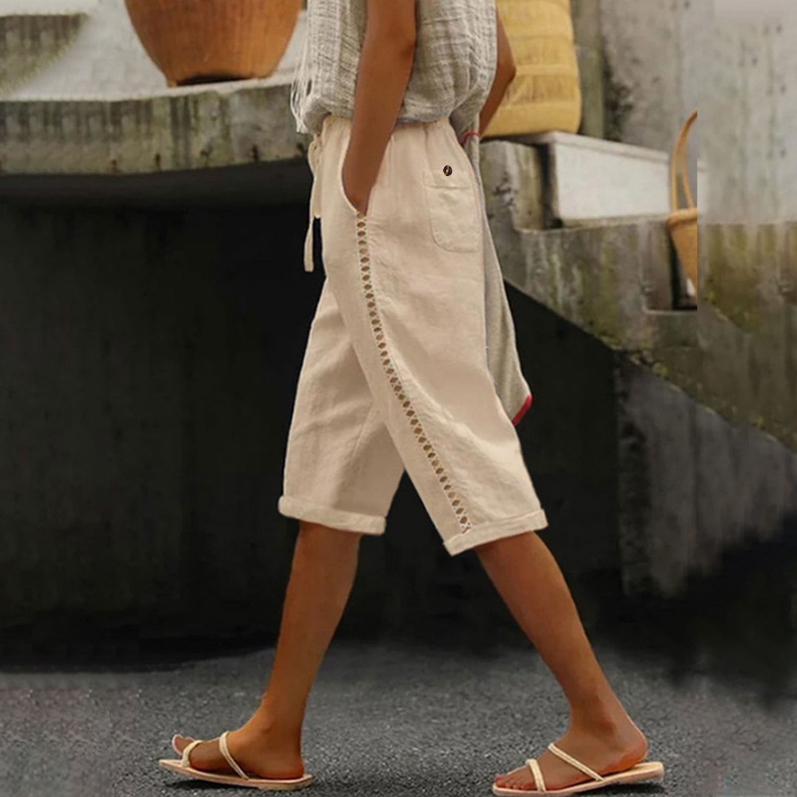RYDCOT Long Shorts for Women 2024 Summer Drawstring Cotton Linen Bermuda Shorts Elastic High Waisted Shorts with Pockets Knee Length Beach Shorts Sale