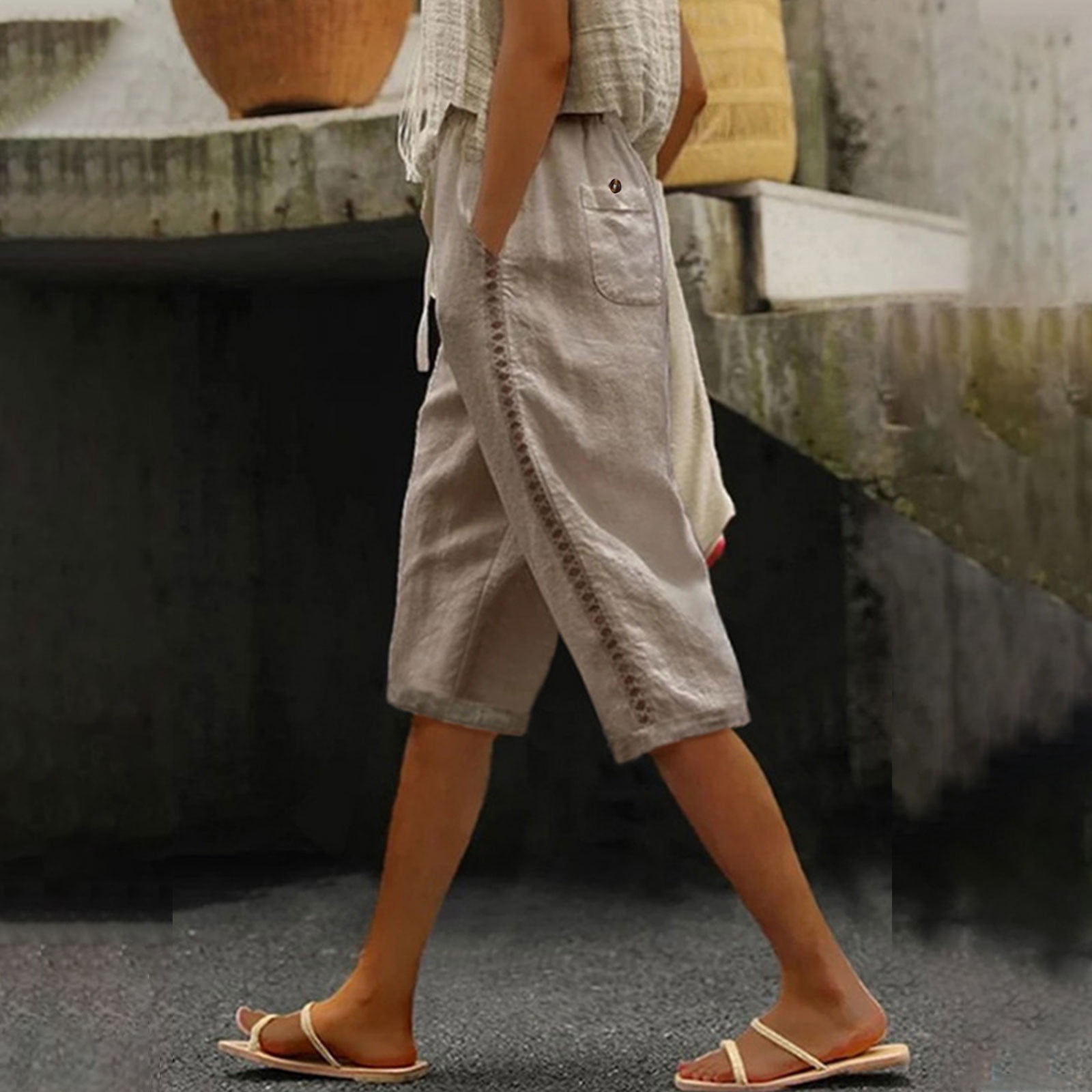 HKYNLAG Cotton Linen Bermuda Shorts For Women Summer Casual Solid Color Elastic High Waisted Lounge Beach Pant With Pockets Green 2XL