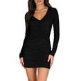 thumbnail image 1 of RYDCOT Long Sleeve Dress for Women Spring Summer Flowy Fashion Casual V Neck Solid Color Slim Fit Pleated Elegant Dresses Black, 1 of 7