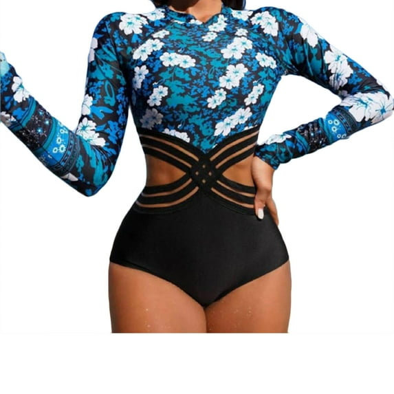 RYDCOT Long Sleeve Swimsuits for Women Back Zipper One Piece Swimsuit Athletic Rash Guard Floral Printed Surfing Swimsuit Bathing Suit Summer on Clearance