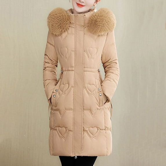 RYDCOT Long Winter Coats for Women Clearance Long Sleeve Warm Faux Fur Hooded Jacket Zipper Thickened Warm Cotton-Padded Coat Outwear Sale