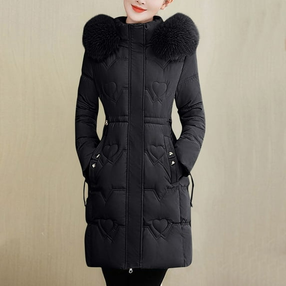 RYDCOT Long Winter Coats for Women Clearance Long Sleeve Warm Faux Fur Hooded Jacket Zipper Thickened Warm Cotton-Padded Coat Outwear on Clearance