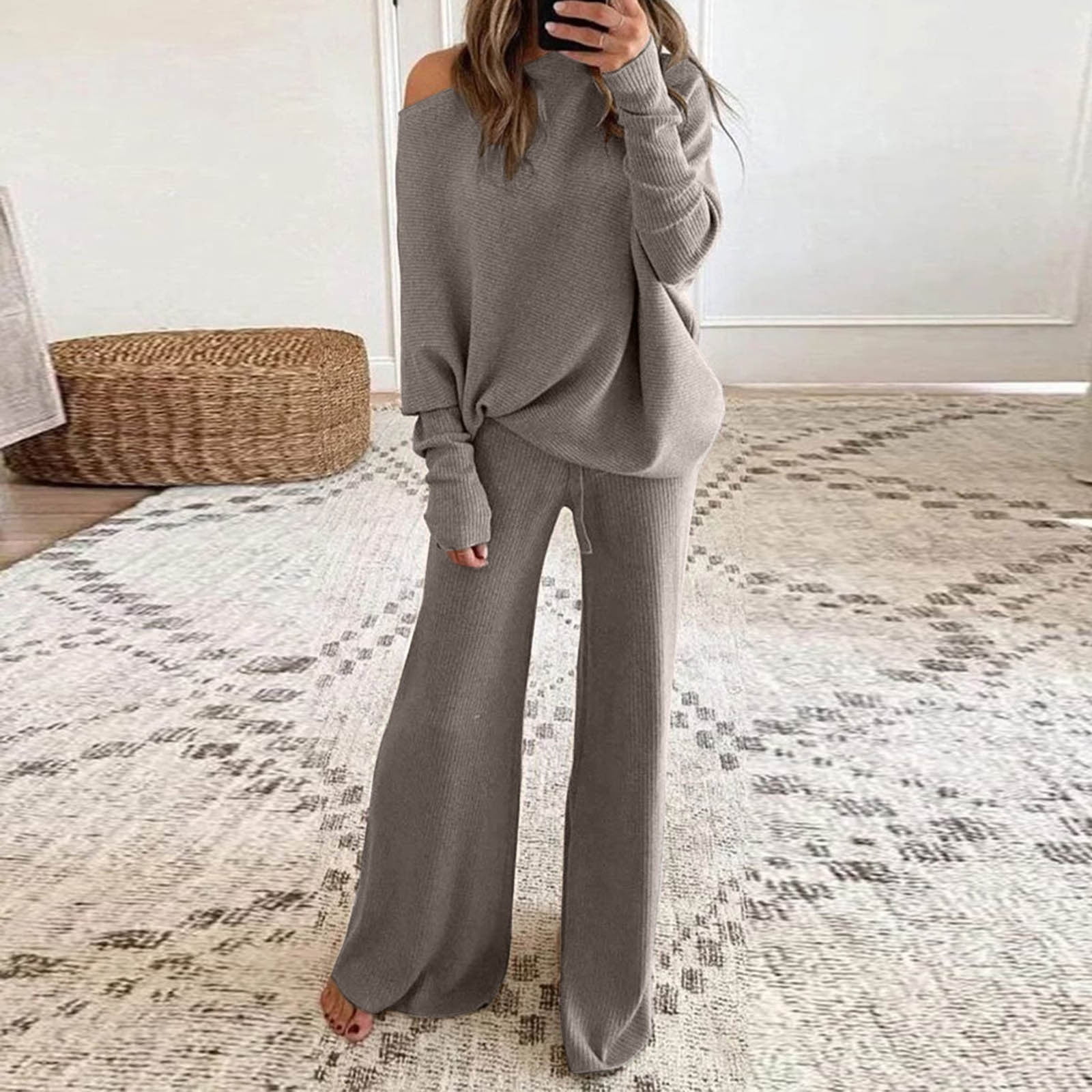 RYDCOT Lounge Sets for Women Petite 2 Piece Long Pants Knit  