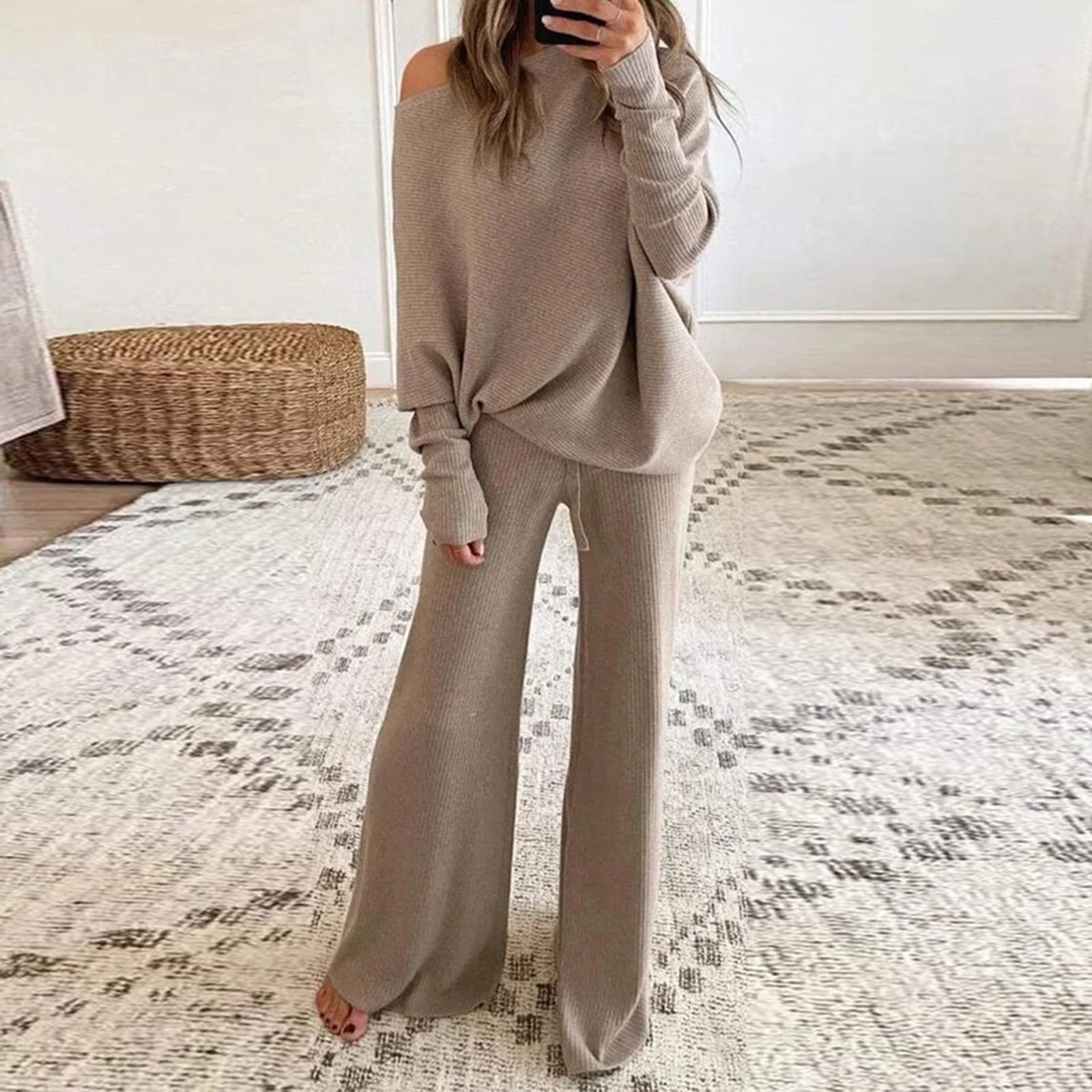 RYDCOT Lounge Sets for Women Petite 2 Piece Long Pants Knit Sweater Sets  Long Sleeve Knit Top and Wide Leg Pants Winter Outfits for Women Set on