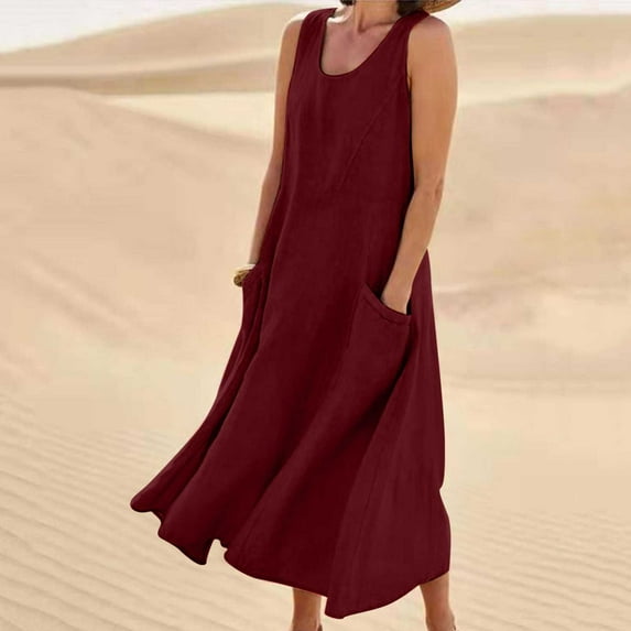 RYDCOT Maxi Dress for Women Summer Cotton Linen Tank Dress Sleeveless Solid Loose Crew Neck Long Flowy Beach Dresses with Pocket