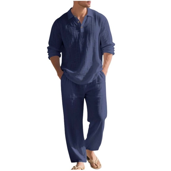 RYDCOT Men 2 Piece Beach Vacation Outfit Pants Set Summer Casual Fashion Linen Button up Lapel Collar Long Sleeve Shirt Long Pants Loose and Simple Set Navy