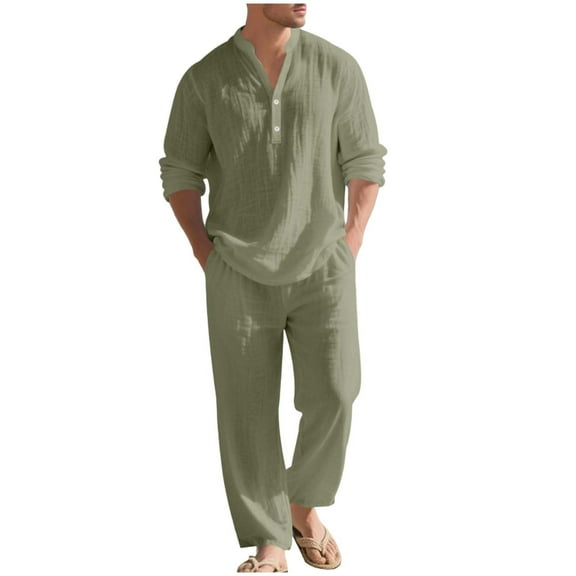 RYDCOT Men 2 Piece Beach Vacation Outfit Pants Set Summer Casual Fashion Linen Button up Stand Collar Long Sleeve Shirt Long Pants Set Army Green