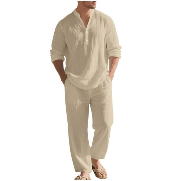 RYDCOT Men 2 Piece Beach Vacation Outfit Pants Set Summer Casual Fashion Linen Button up Stand Collar Long Sleeve Shirt Long Pants Set Khaki