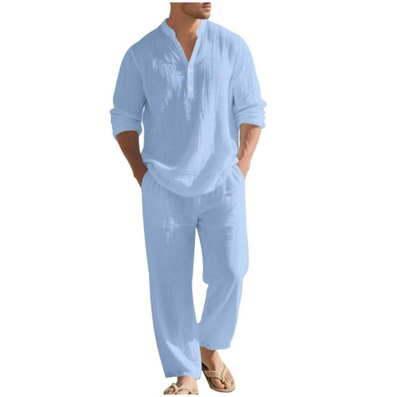 RYDCOT Men 2 Piece Beach Vacation Outfit Pants Set Summer Casual Fashion Linen Button up Stand Collar Long Sleeve Shirt Long Pants Set Light Blue