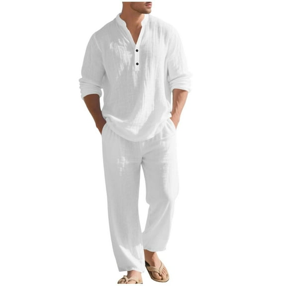 RYDCOT Men 2 Piece Beach Vacation Outfit Pants Set Summer Casual Fashion Linen Button up Stand Collar Long Sleeve Shirt Long Pants Set White