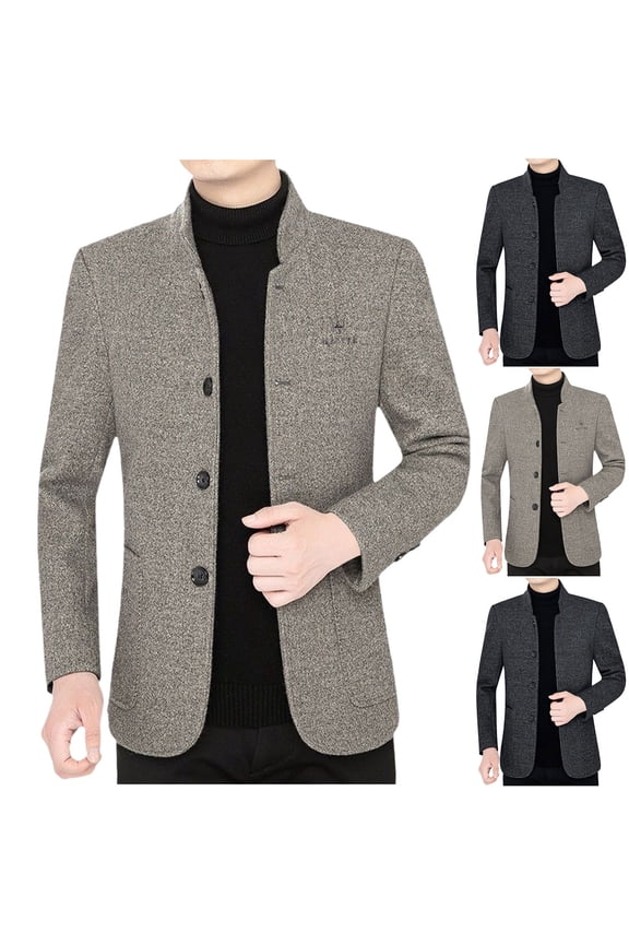 Men Casual Suit Blazer Jackets Stand Collar Business Sport Woolen and Plus Velvet Jacket Slim Fit Button Solid Chinese Tunic Suits Gray