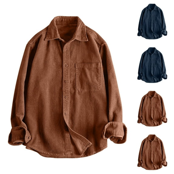 RYDCOT Men Corduroy Jacket Men Long Sleeve Casual Work Vintage Regular Fit Mens Lapel Button Shirt Navy