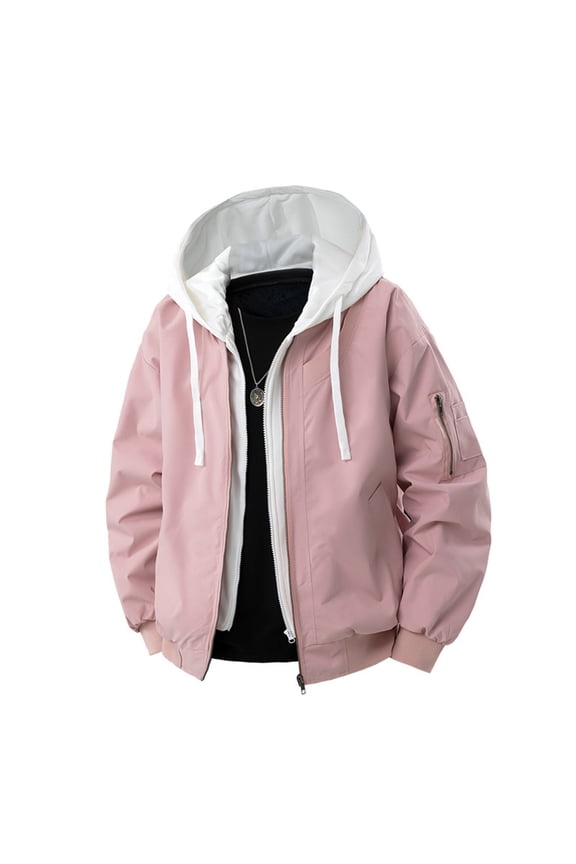 Men Fake 2 Piece Sport Jacket Drawstring Hooded Zipper Casual Jacket Fall Solid Color Splicing Outwear Pink S(S)