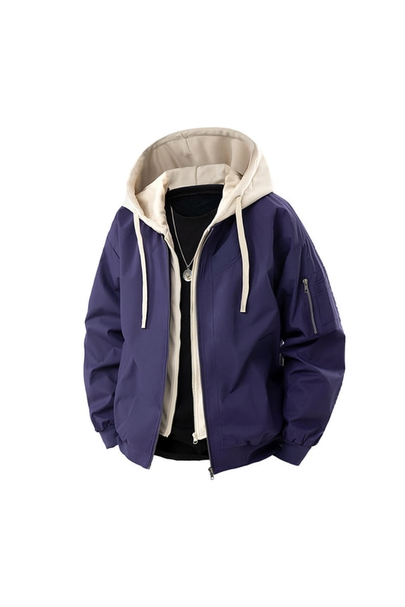 Men Fake 2 Piece Sport Jacket Drawstring Hooded Zipper Casual Jacket Fall Outwear Purple