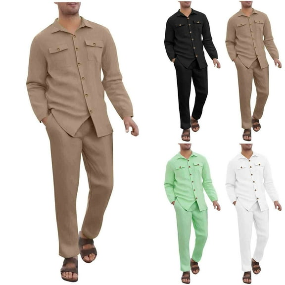 RYDCOT Men Fall Casual Loose Sets Solid Color Stand up Collar Long Sleeve Pocket Button Down Shirt Pant 2 Piece Outfits Tracksuit White