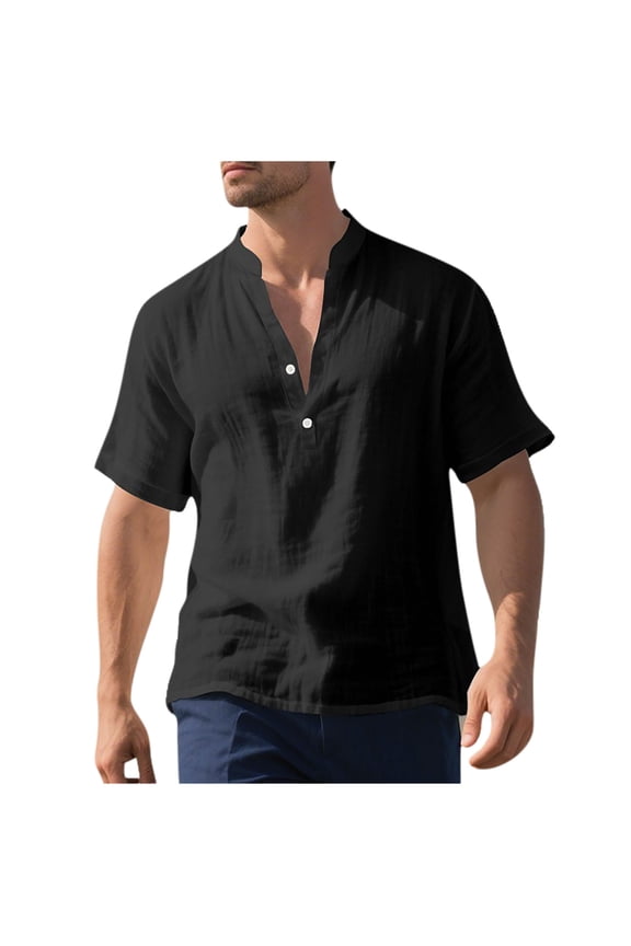 Men Half Button up Thin Street Linen Shirt Classic Stand Collar Simple Style T Shirts Summer Solid Daily Tops Black