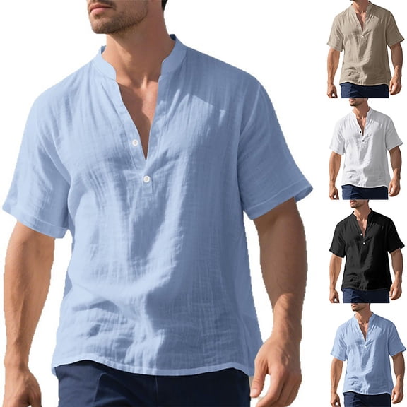 RYDCOT Men Half Button up Thin Street Linen Shirt Classic Stand Collar Simple Style T Shirts Summer Solid Daily Tops White