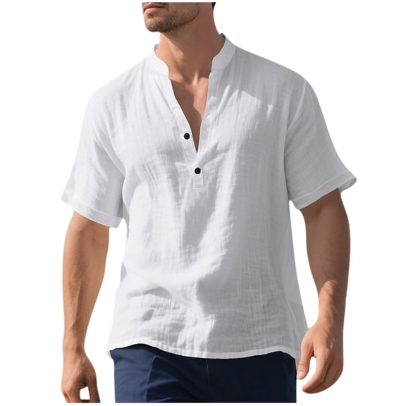 RYDCOT Men Half Button up Thin Street Linen Shirt Classic Stand Collar Simple Style T Shirts Summer Solid Daily Tops White