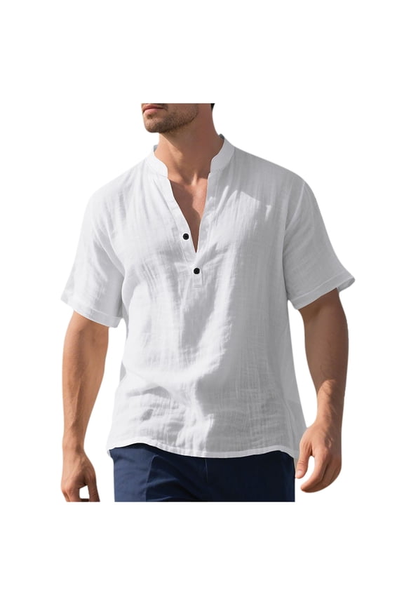 Men Half Button up Thin Street Linen Shirt Classic Stand Collar Simple Style T Shirts Summer Solid Daily Tops White