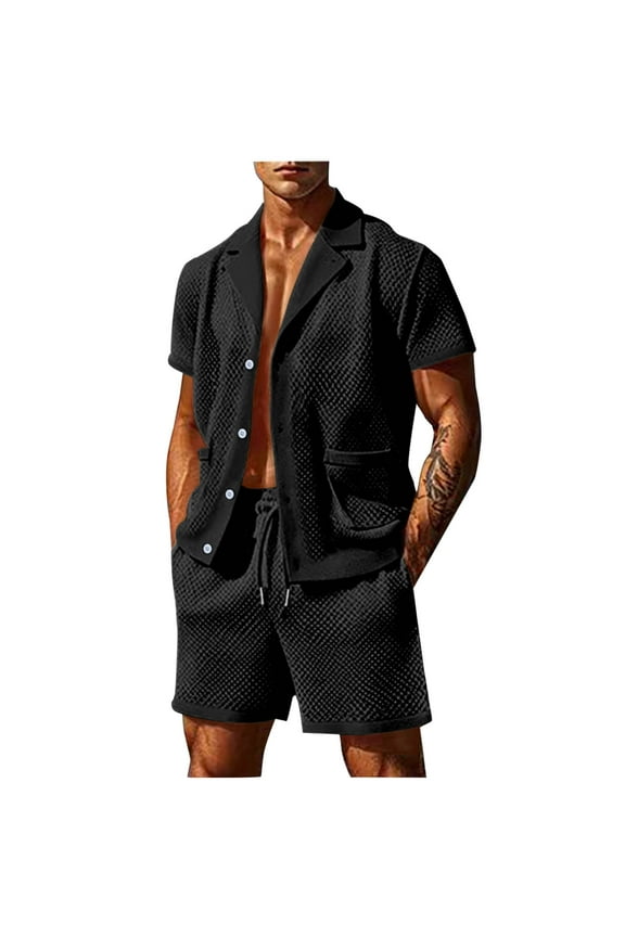 Men Lace Mesh 2 Piece Outfits See Through Casual Button Down Shirts and Shorts Hollow Out Shorts Set Black
