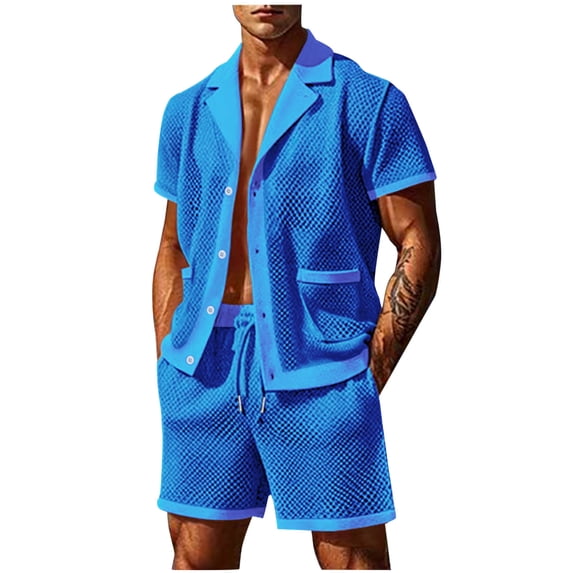 RYDCOT Men Lace Mesh 2 Piece Outfits See Through Casual Button Down Shirts and Shorts Hollow Out Shorts Set Blue