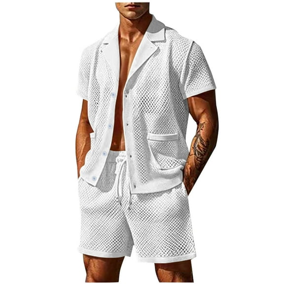 RYDCOT Men Lace Mesh 2 Piece Outfits See Through Casual Button Down Shirts and Shorts Hollow Out Shorts Set White