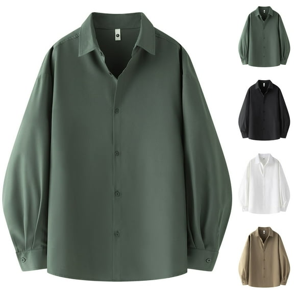 RYDCOT Men Lapel Long Sleeve Button Shirt Loose Casual Solid Color Fashion Soft and Comfortable Top White