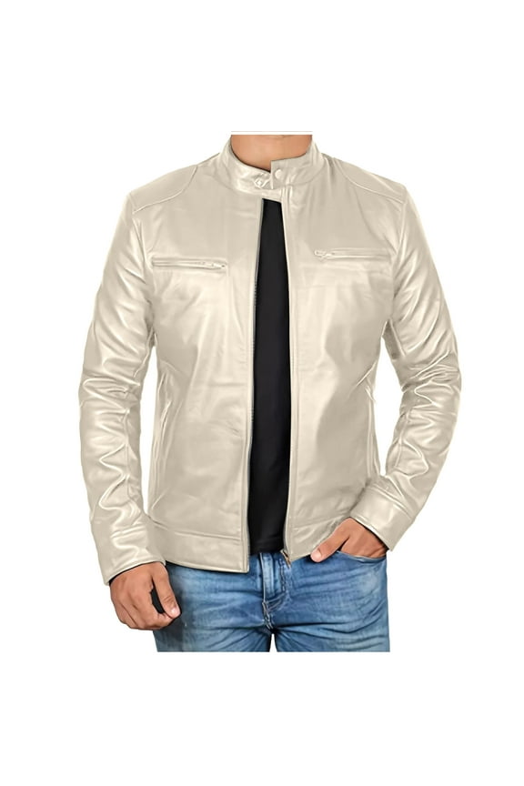 Men Leather Jacket Outerwear Retro Fashion PU Leather Long Sleeved Stand Collar Coat with Zipper Pockets Beige