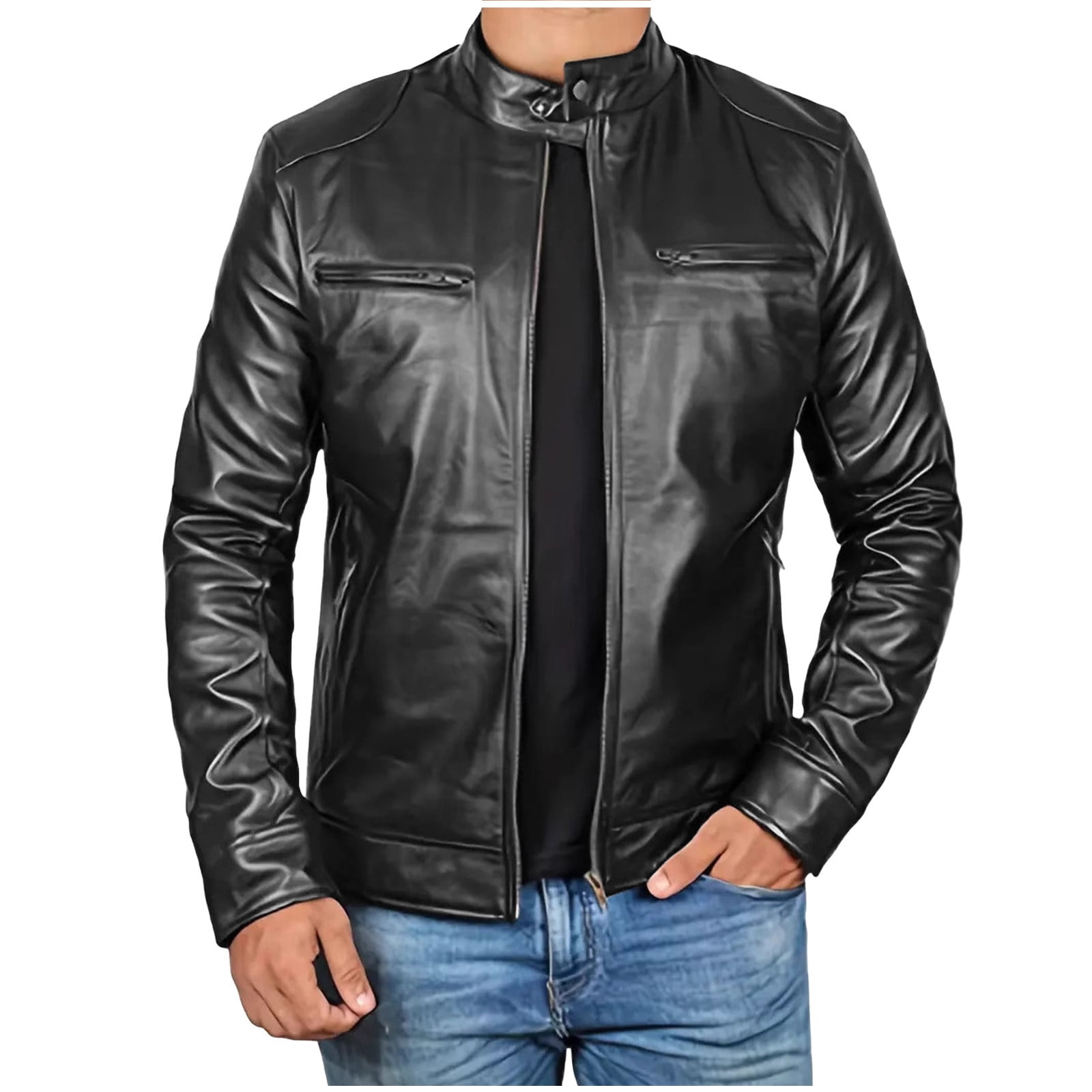 RYDCOT Men Leather Jacket Outerwear Retro Fashion PU Leather Long Sleeved Stand Collar Coat with Zipper Pockets Black