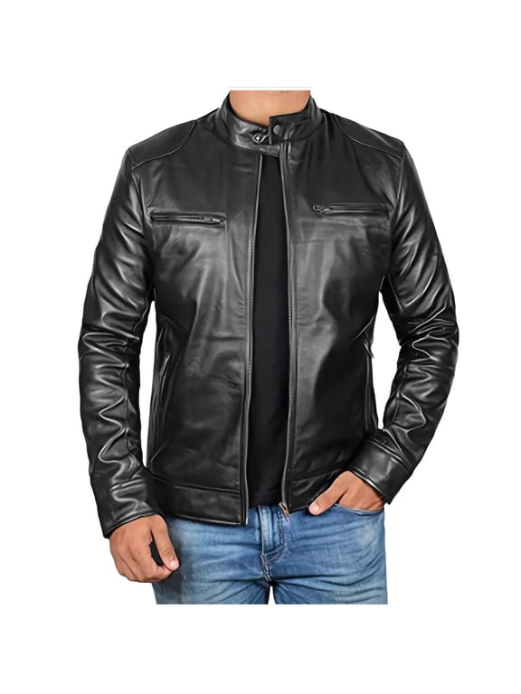 Men Leather Jacket Outerwear Retro Fashion PU Leather Long Sleeved Stand Collar Coat with Zipper Pockets Black