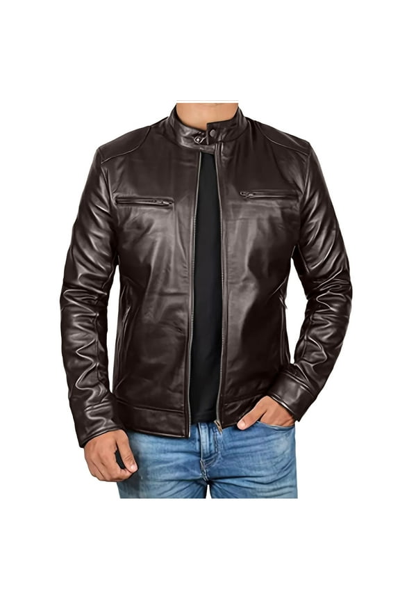Men Leather Jacket Outerwear Retro Fashion PU Leather Long Sleeved Stand Collar Coat with Zipper Pockets Brown