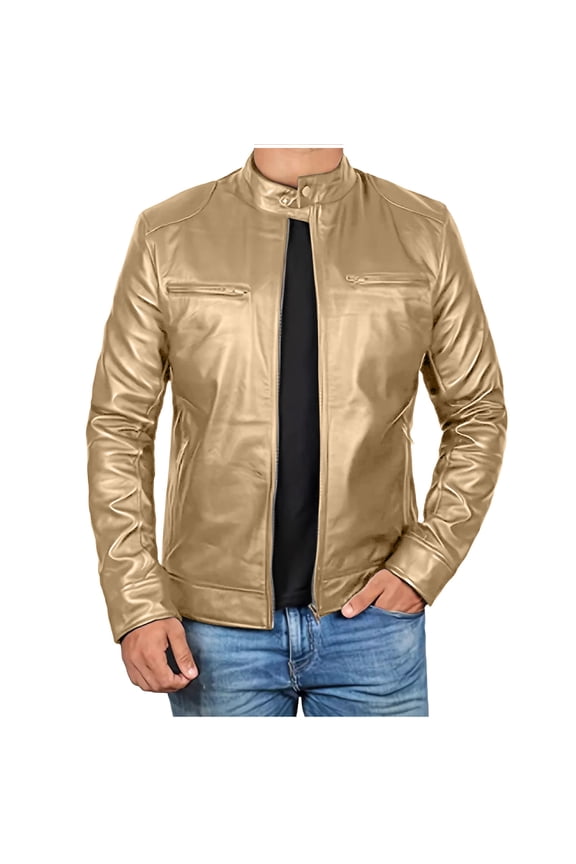 Men Leather Jacket Outerwear Retro Fashion PU Leather Long Sleeved Stand Collar Coat with Zipper Pockets Gold