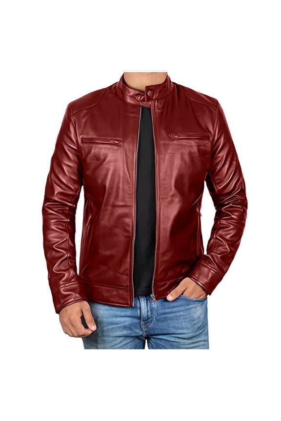 Men Leather Jacket Outerwear Retro Fashion PU Leather Long Sleeved Stand Collar Coat with Zipper Pockets Wine