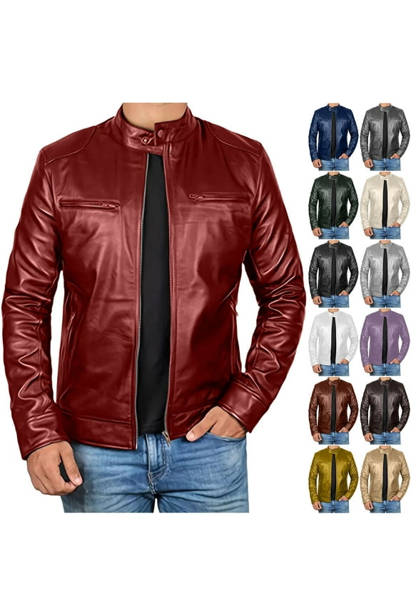 Men Leather Jacket Outerwear Retro Fashion PU Leather Long Sleeved Stand Collar Coat with Zipper Pockets Yellow
