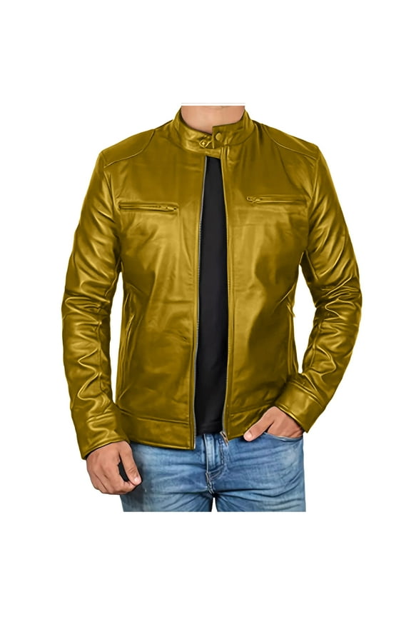 Men Leather Jacket Outerwear Retro Fashion PU Leather Long Sleeved Stand Collar Coat with Zipper Pockets Yellow