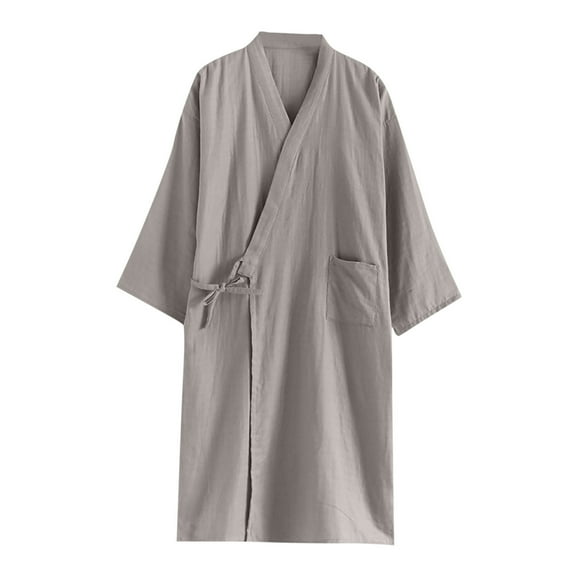 RYDCOT Men Loose V-Neck Long-Sleeved Robe Solid Pajamas Pocket Sleepwear for Men Nightgown Cotton Sleep Shirt Gray