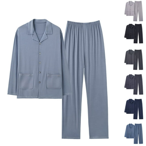 RYDCOT Men Modal Pajama Set Long Sleeve Button Lapel Sleepwear Soft Comfy Loungewear Sets 2 Piece Nightwear Navy