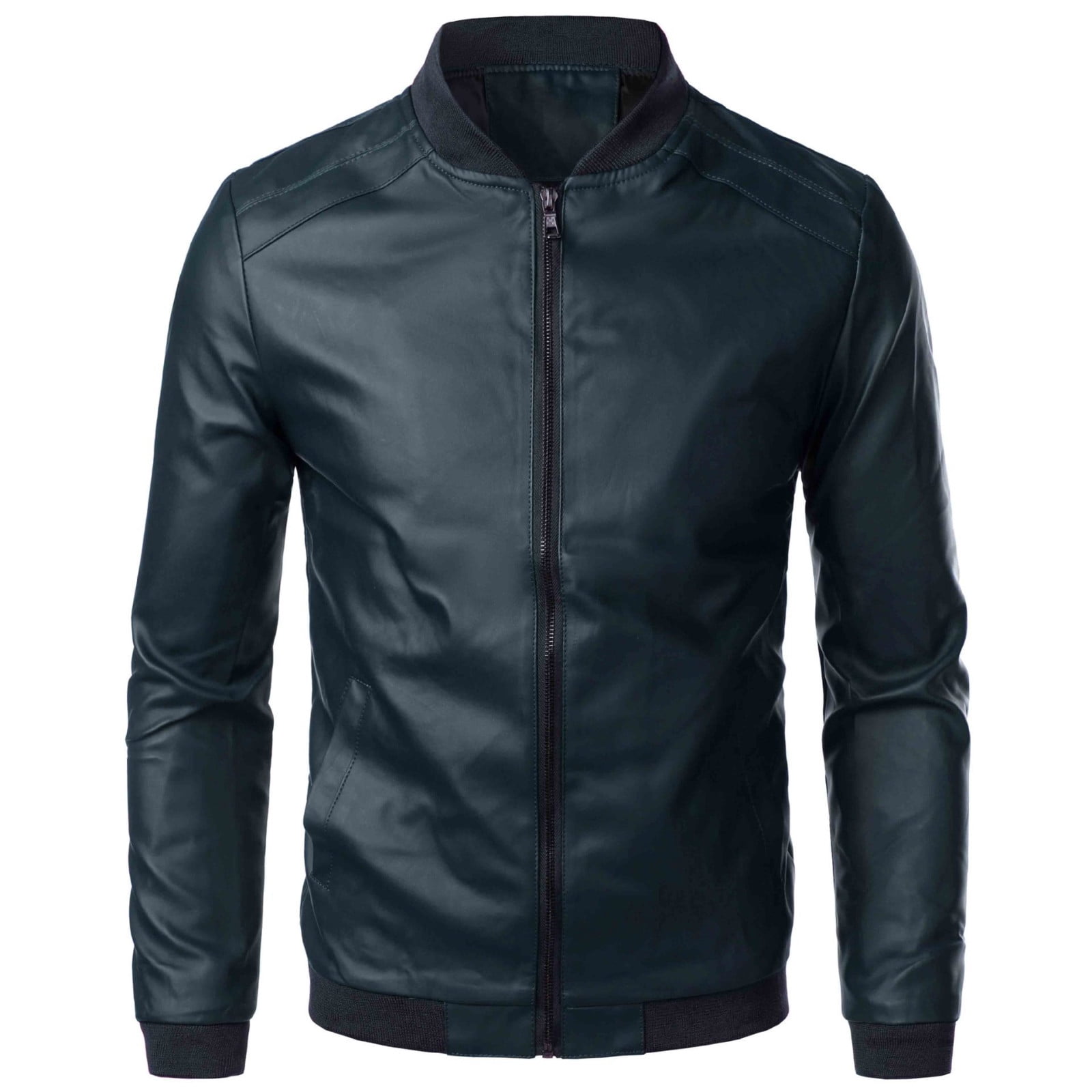 RYDCOT Men Solid Color Leather Jacket Outerwear Fashion PU Leather Long Sleeved Stand Collar Coat Blue