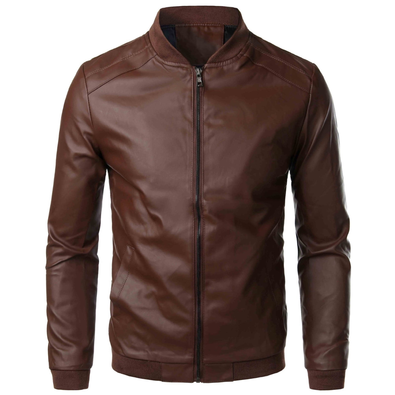 RYDCOT Men Solid Color Leather Jacket Outerwear Fashion PU Leather Long Sleeved Stand Collar Coat Brown