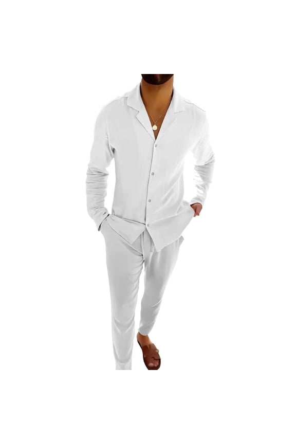 Men Summer Casual Lapel Long Sleeve Pant Sets Solid Button Down Shirt 2 Piece Outfits Tracksuit White